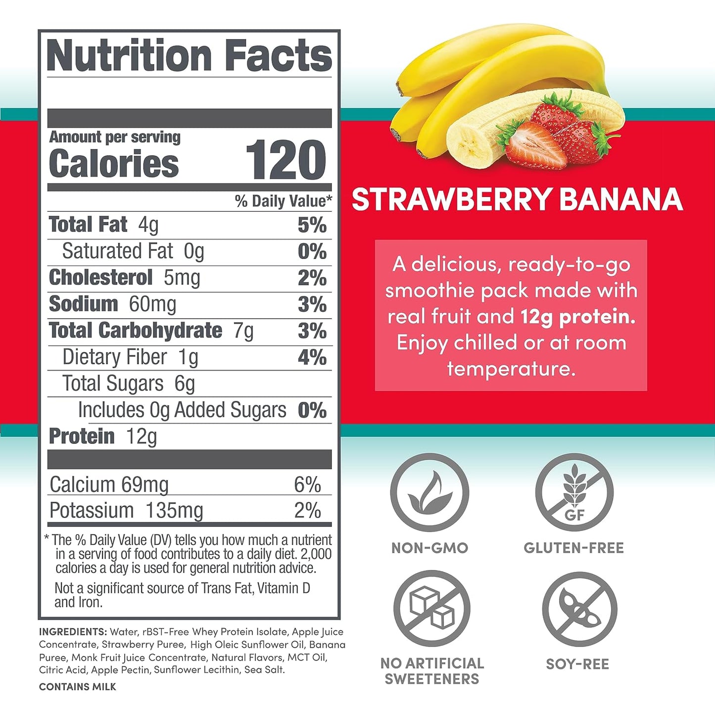 24 Count Designer Wellness Strawberry Banana Protein Smoothie with Real Fruit - 12g Protein, Low Carb, Zero Added Sugar, Gluten-Free, Non-GMO, No Artificial Colors or Flavors