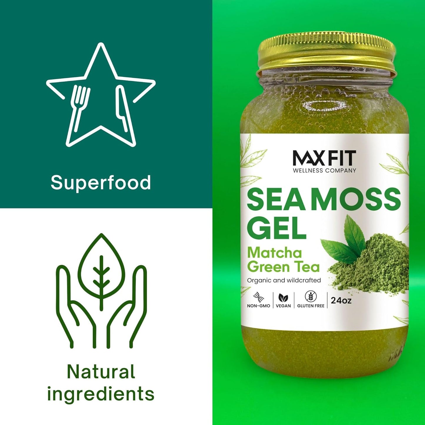 24oz Wildcrafted Gold Sea Moss Gel with Matcha Green Tea - Pure Raw Non-GMO Supplement from Saint Lucia | 92 Vitamins and Minerals