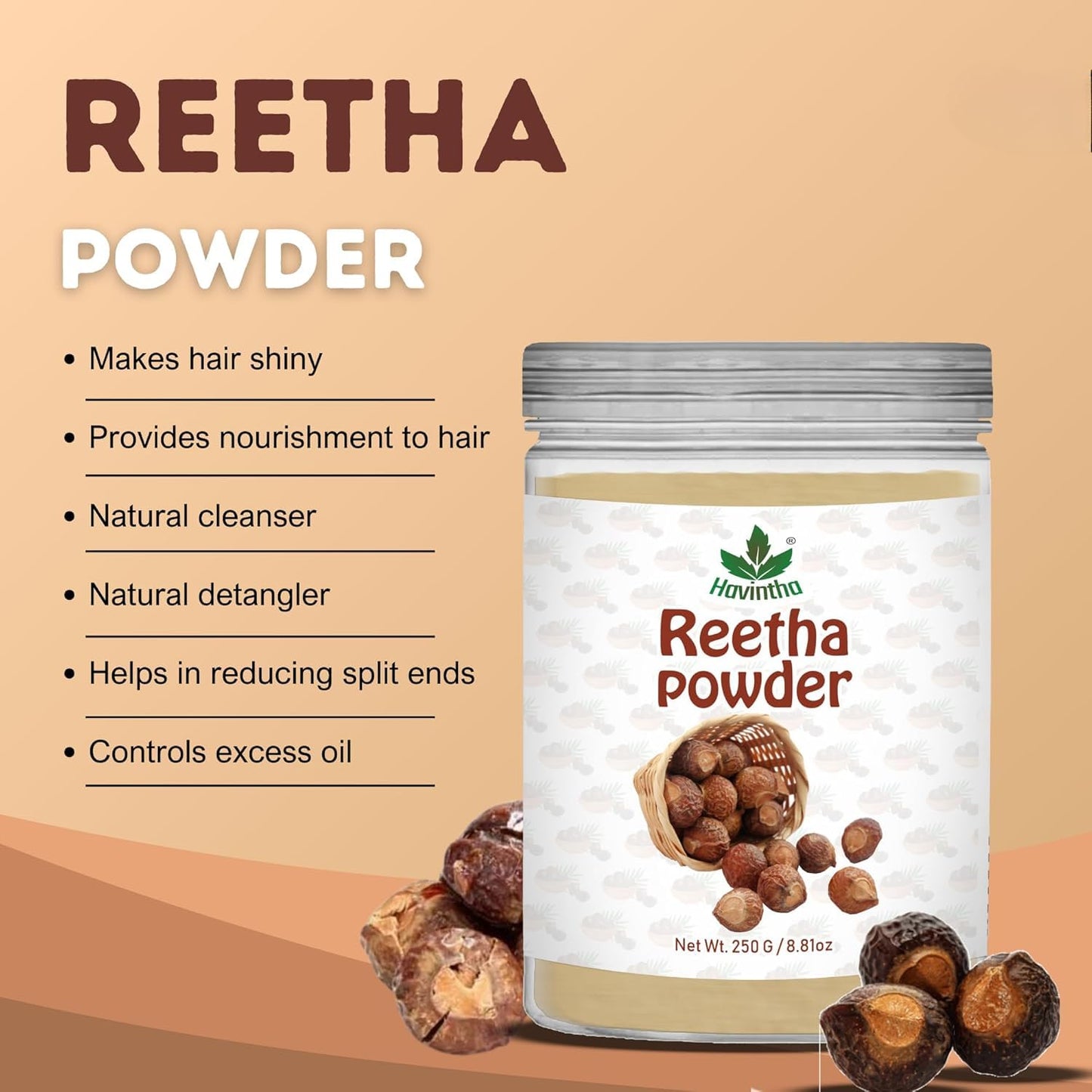 250g Herbal Reetha Powder for Natural Hair Cleansing and Dandruff-Free, Shiny Hair