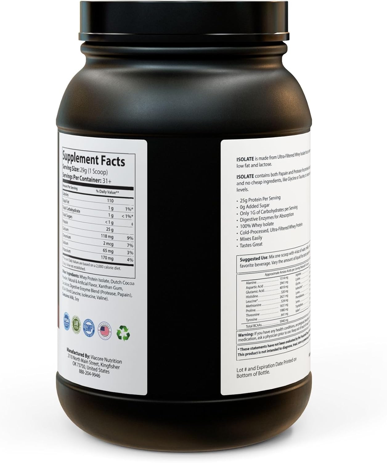 25g Chocolate Whey Isolate Protein Powder - Low Carb, Low Fat, Non-GMO - Muscle Recovery & Lean Gains Supplement - Easy Mixing Formula - 2 lb