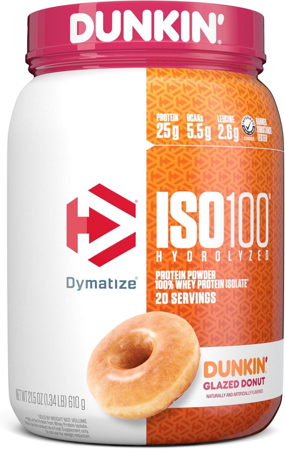 25g Protein, 5.5g BCAAs, Dunkin' Glazed Donut Flavor ISO100 Whey Isolate Powder