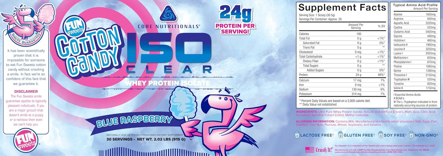25g Whey Protein Isolate with Complete Amino Acid Profile - Core Nutritionals ISO Clear, 2lb Fun Sweets Blue Raspberry Flavor