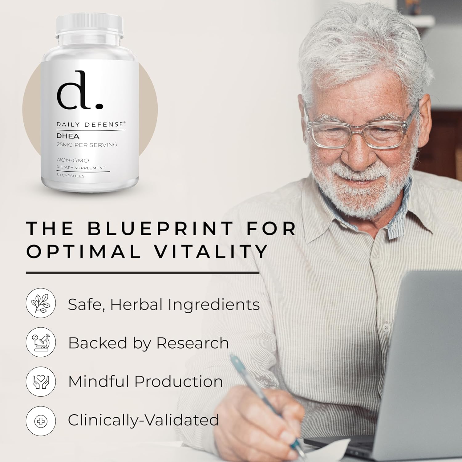 25mg DHEA Supplement for Energy & Mood - Pure Daily Defense for Men & Women - 50 Capsules of Vitality Boosting Vitamins