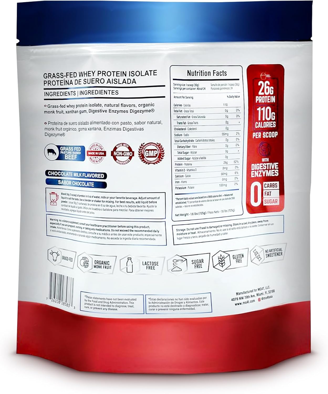 26g Grass Fed Whey Protein Isolate, Monk Fruit Sweetened, No Carbs/Fat/Sugar - Milk Chocolate, 1.6 lbs