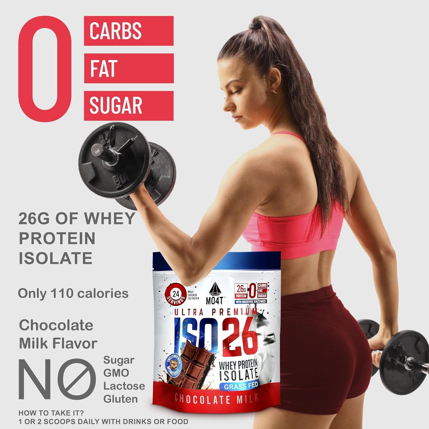 26g Grass Fed Whey Protein Isolate, Monk Fruit Sweetened, No Carbs/Fat/Sugar - Milk Chocolate, 1.6 lbs