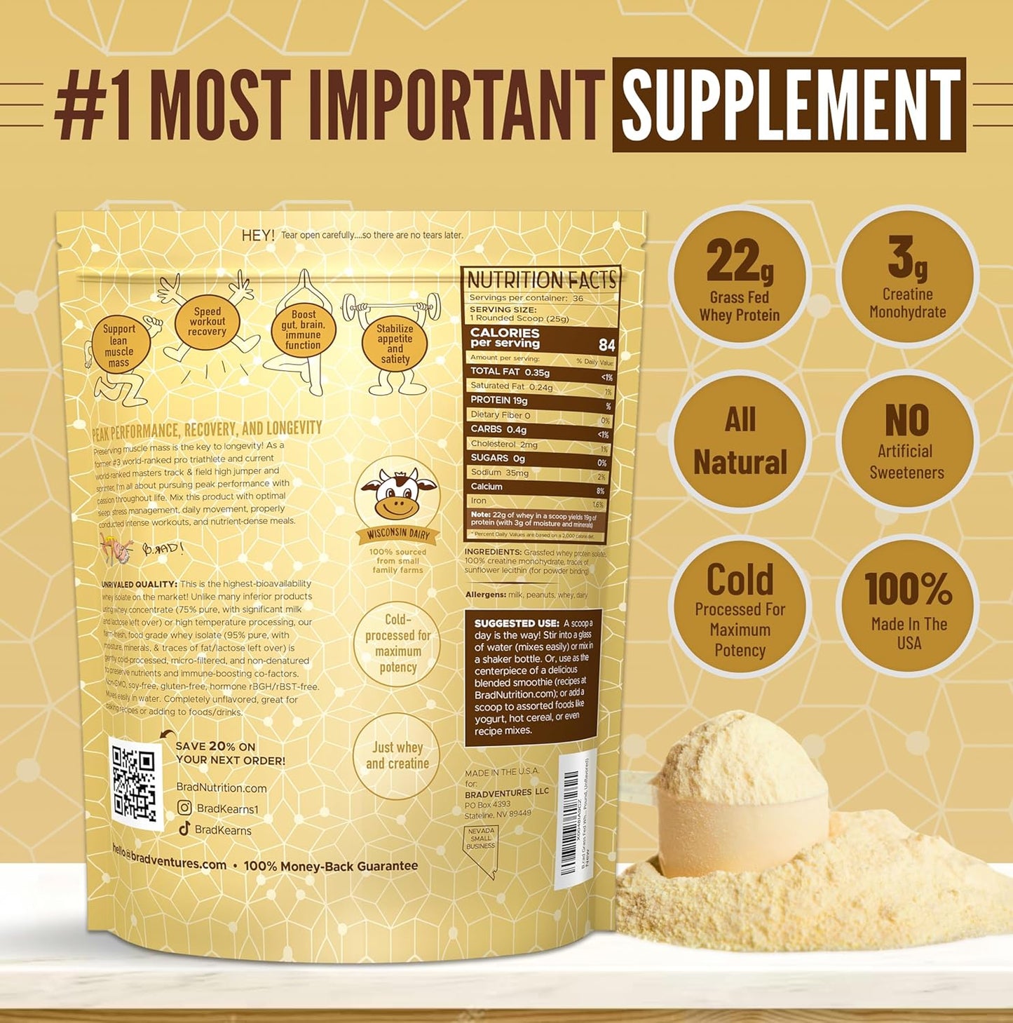 2lb Grass Fed Whey Protein Isolate Powder with Creatine - All-Natural Superfuel - USA Sourced - Unflavored