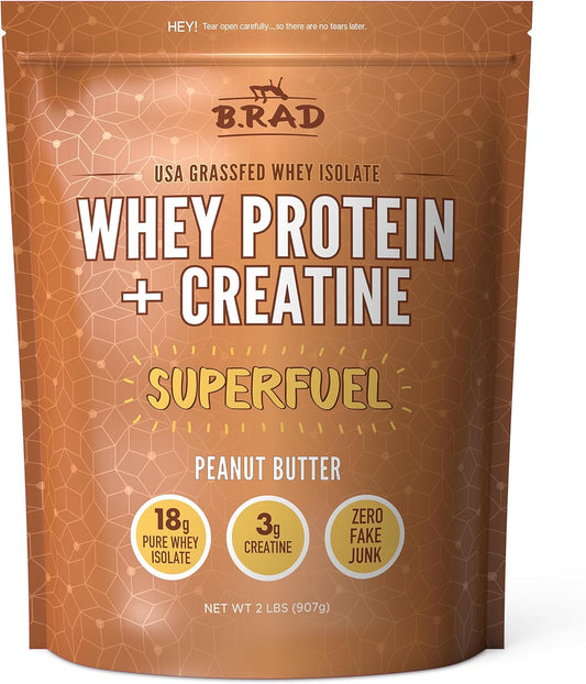 2lb Peanut Butter Grass-Fed Whey Protein Isolate Powder with Creatine - All-Natural USA-Sourced Superfuel