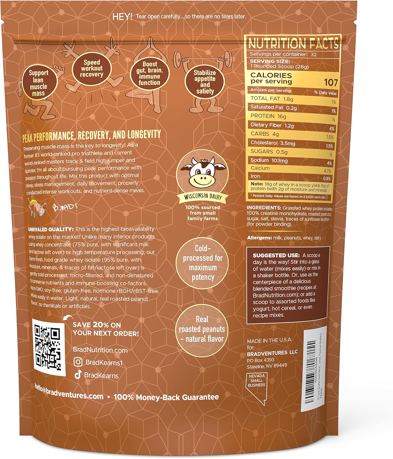 2lb Peanut Butter Grass-Fed Whey Protein Isolate Powder with Creatine - All-Natural USA-Sourced Superfuel