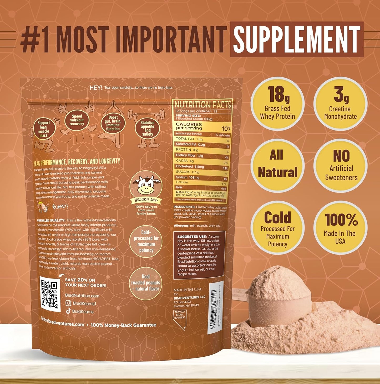 2lb Peanut Butter Grass-Fed Whey Protein Isolate Powder with Creatine - All-Natural USA-Sourced Superfuel