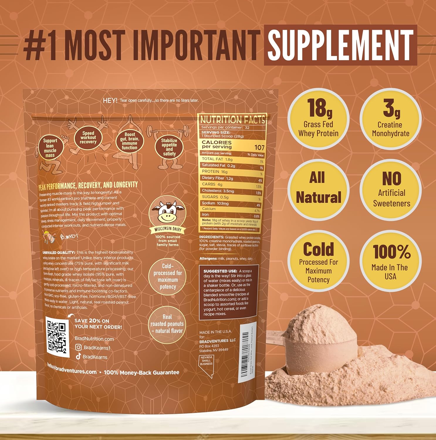 2lb Peanut Butter Grass-Fed Whey Protein Isolate Powder with Creatine - All-Natural USA-Sourced Superfuel