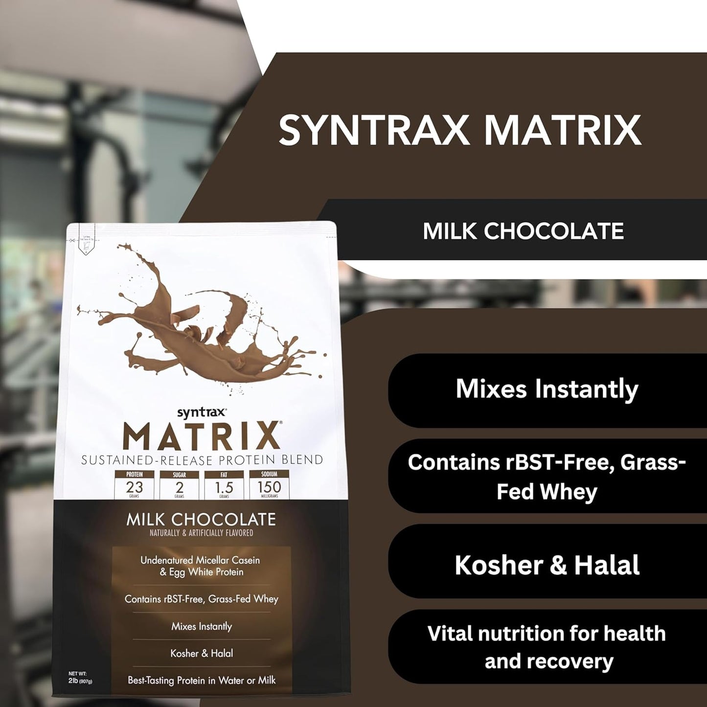 2lb Syntrax Matrix Milk Chocolate Whey Casein Blend Protein Powder Bundle - Instant Mix High Protein Powder with Kosher & Halal Certification + Worldwide Nutrition Keychain