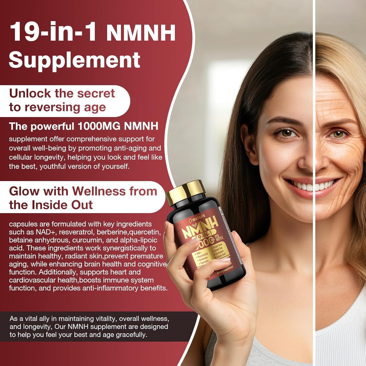 2PACK Molorik NAD+ Resveratrol Supplement 1000mg - Boost Energy & Focus - Anti Aging with Quercetin & Berberine - 19-in-1 NMNH Formula