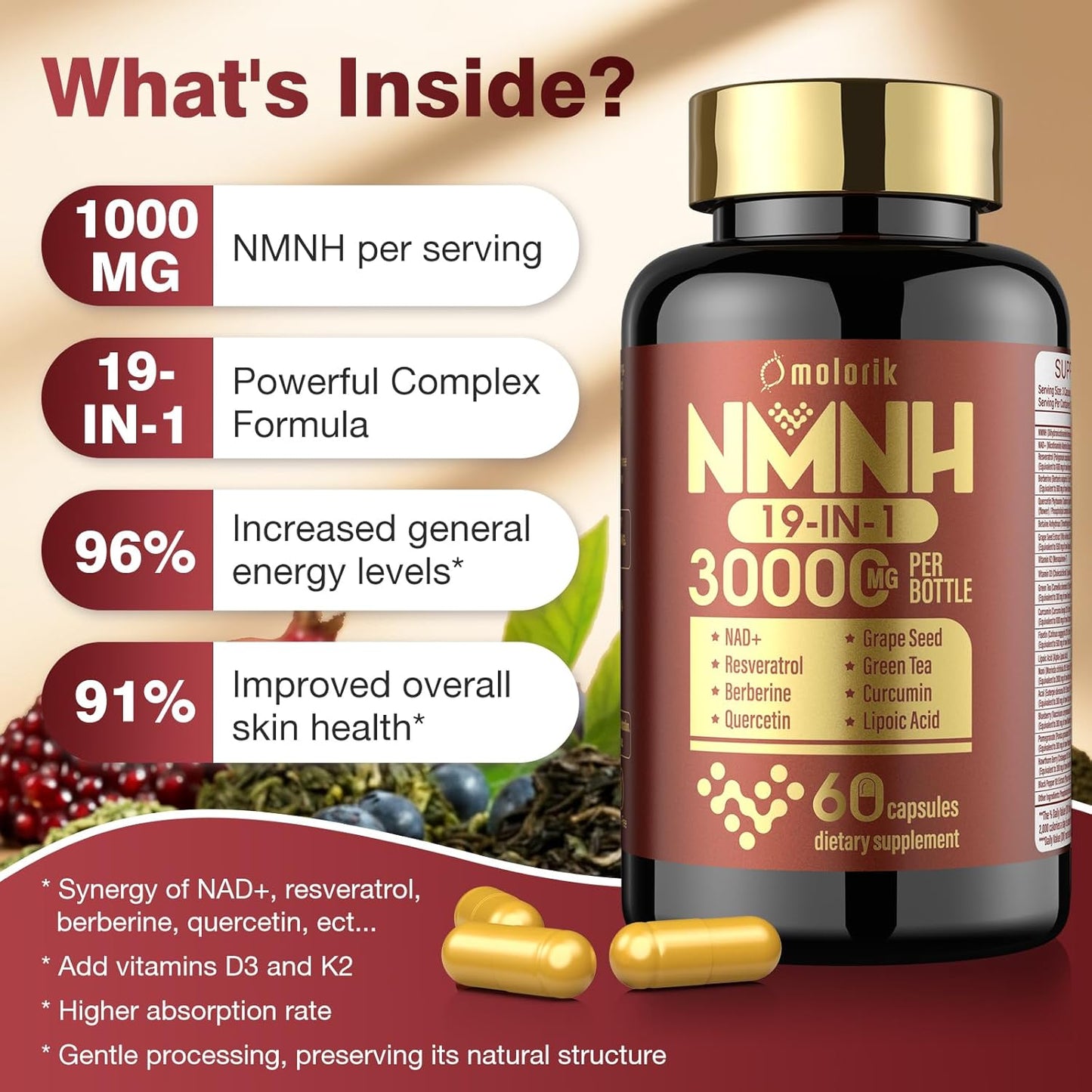 2PACK Molorik NAD+ Resveratrol Supplement 1000mg - Boost Energy & Focus - Anti Aging with Quercetin & Berberine - 19-in-1 NMNH Formula