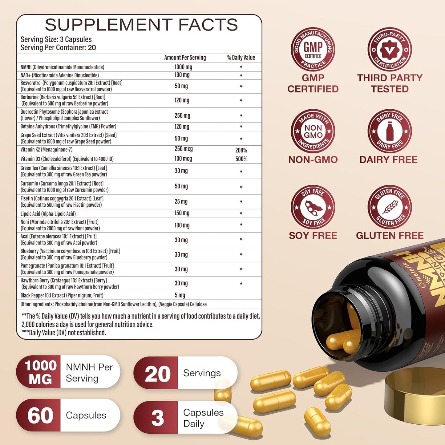 2PACK Molorik NAD+ Resveratrol Supplement 1000mg - Boost Energy & Focus - Anti Aging with Quercetin & Berberine - 19-in-1 NMNH Formula