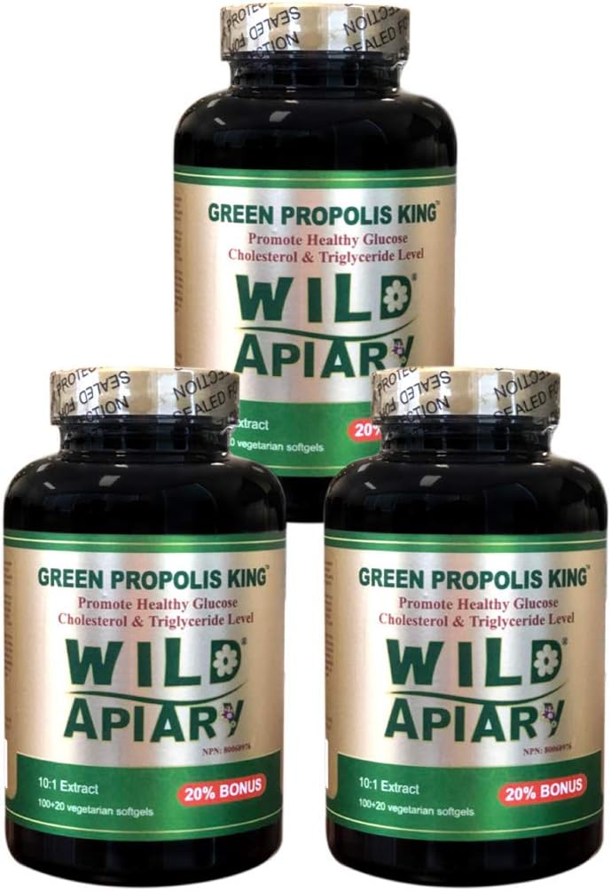 3 Bottles of Wild Apiary Brazilian Green Bee Propolis King Vegetable Softgels - Non Alcoholic, Wax Free, Sugar Free - 120 Capsules