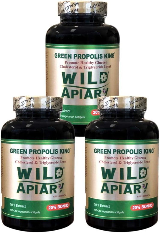 3 Bottles of Wild Apiary Brazilian Green Bee Propolis King Vegetable Softgels - Non Alcoholic, Wax Free, Sugar Free - 120 Capsules