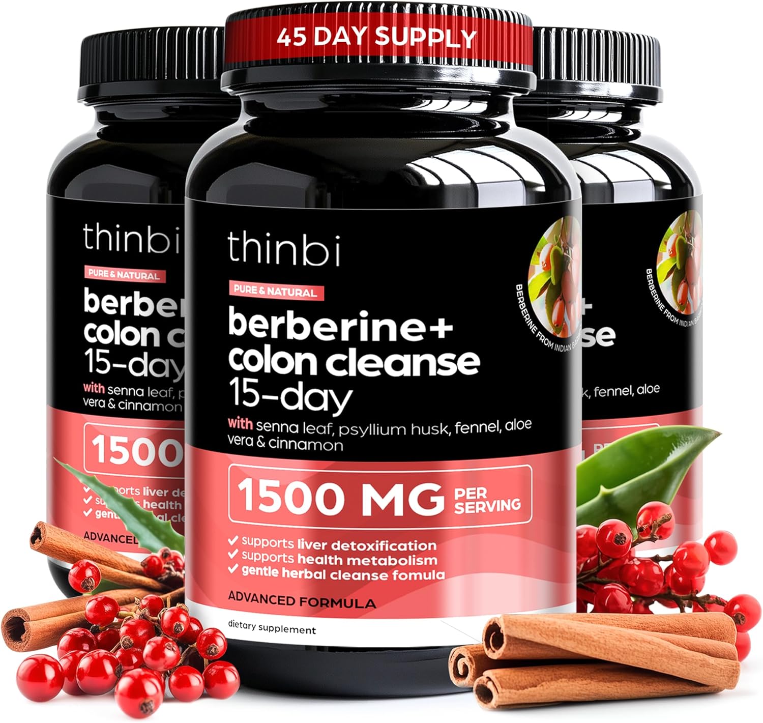 3 Pack Artnaturals Colon Cleanse Berberine Supplement 1500mg - Extra Strength 15-Day Supply for Men & Women - Fast-Acting Natural Laxative with Senna Leaf - Promotes Gut Health - Made in USA