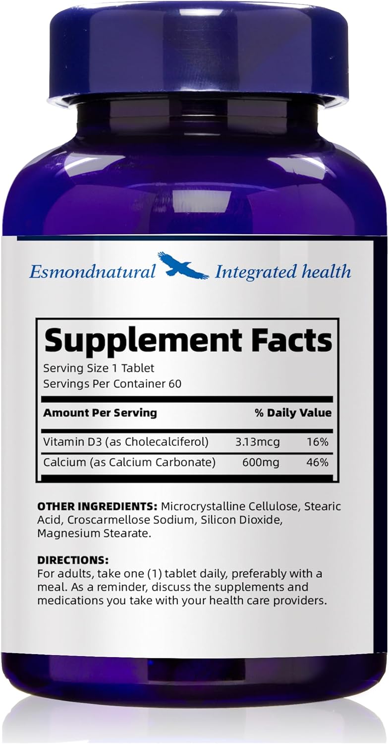 3 Pack Esmond Natural Calcium 600mg and Vitamin D 125IU Tablets - Maintain Health, Regulate Physical Function - GMP Certified - Made in USA - 180 Tablets