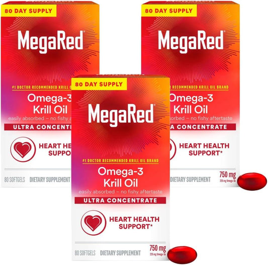 3-Pack MegaRed Ultra Concentrate 750mg Krill Oil Supplement, High EPA/DHA, Astaxanthin Antioxidant, Heart Health Support, No Fishy Aftertaste, 80 Softgels