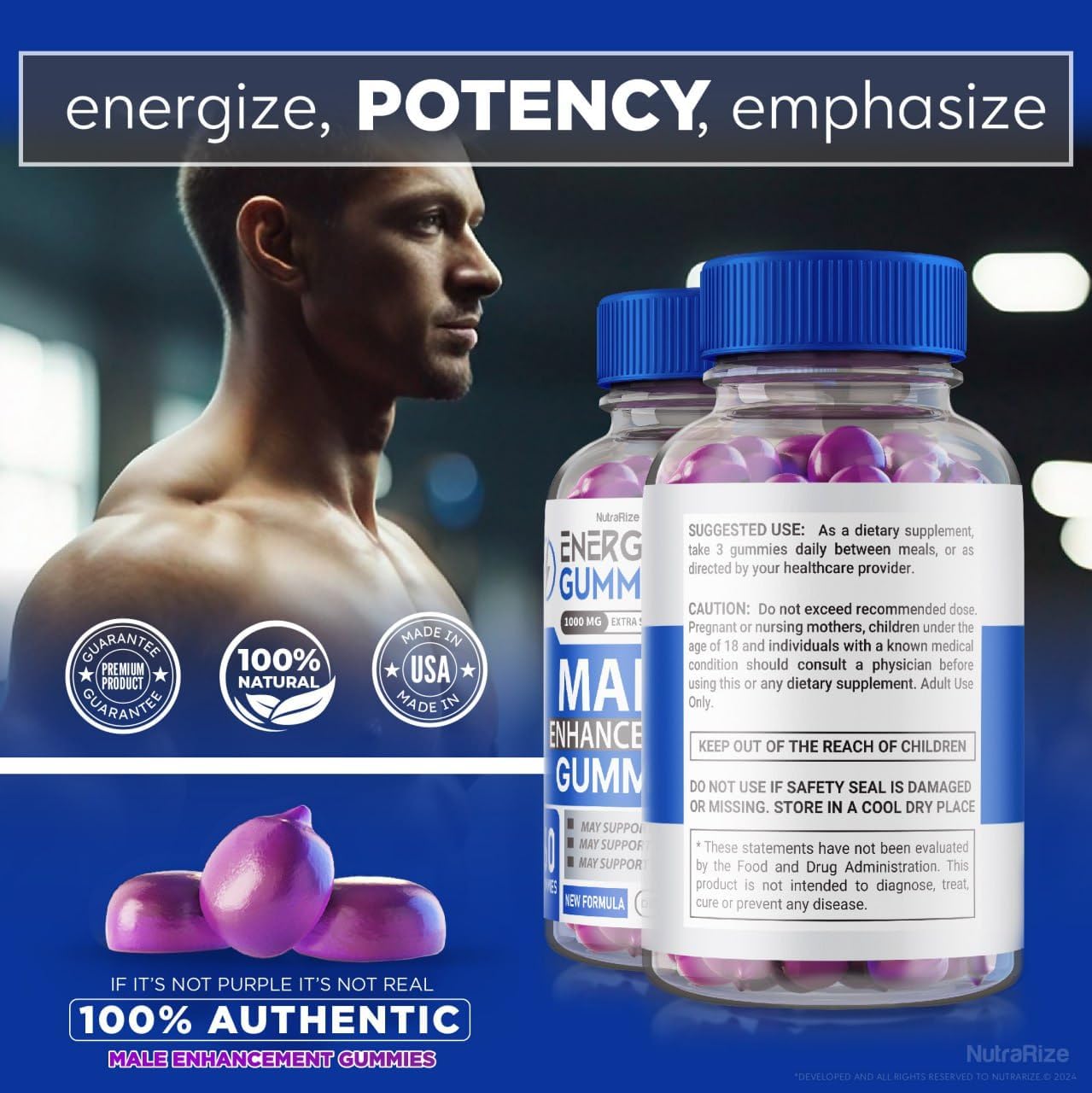 3 Pack NutraRize Energize Gummies for Men - Male Energy Gummy Supplement for Health and Wellness (180 Gummies)