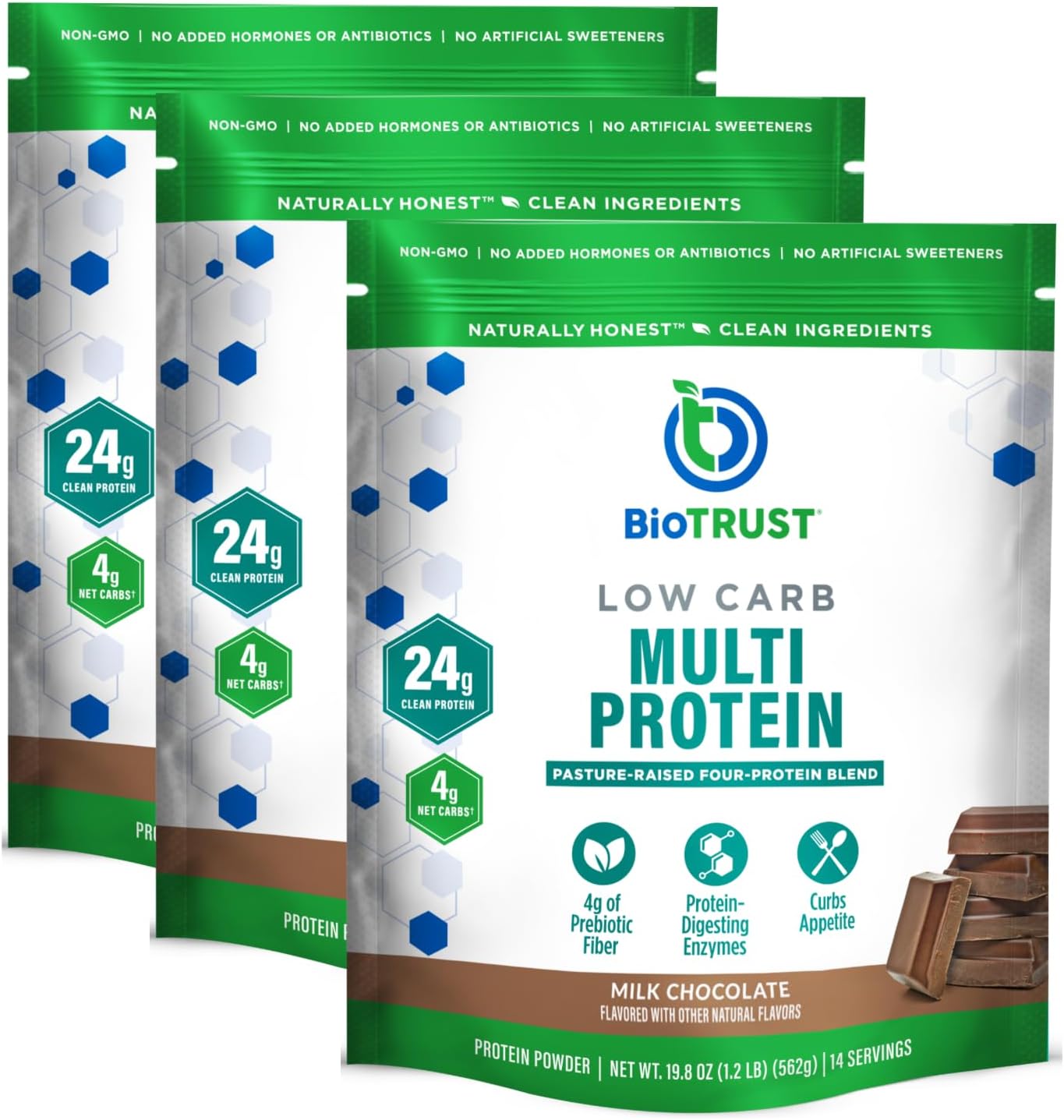 3-Pack of BioTrust Low Carb Protein Powder: Natural Whey & Casein Blend from Grass-Fed Cows - Chocolate Flavor, Non-GMO, Soy-Free, Gluten-Free