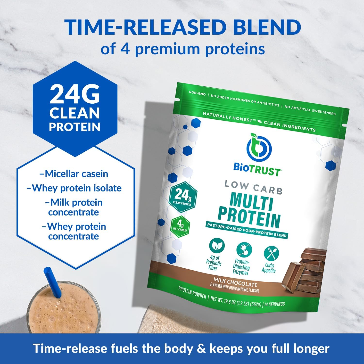 3-Pack of BioTrust Low Carb Protein Powder: Natural Whey & Casein Blend from Grass-Fed Cows - Chocolate Flavor, Non-GMO, Soy-Free, Gluten-Free