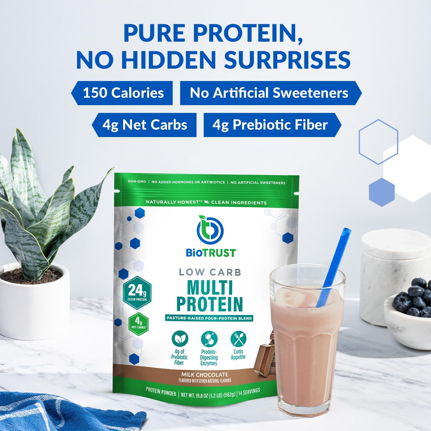 3-Pack of BioTrust Low Carb Protein Powder: Natural Whey & Casein Blend from Grass-Fed Cows - Chocolate Flavor, Non-GMO, Soy-Free, Gluten-Free