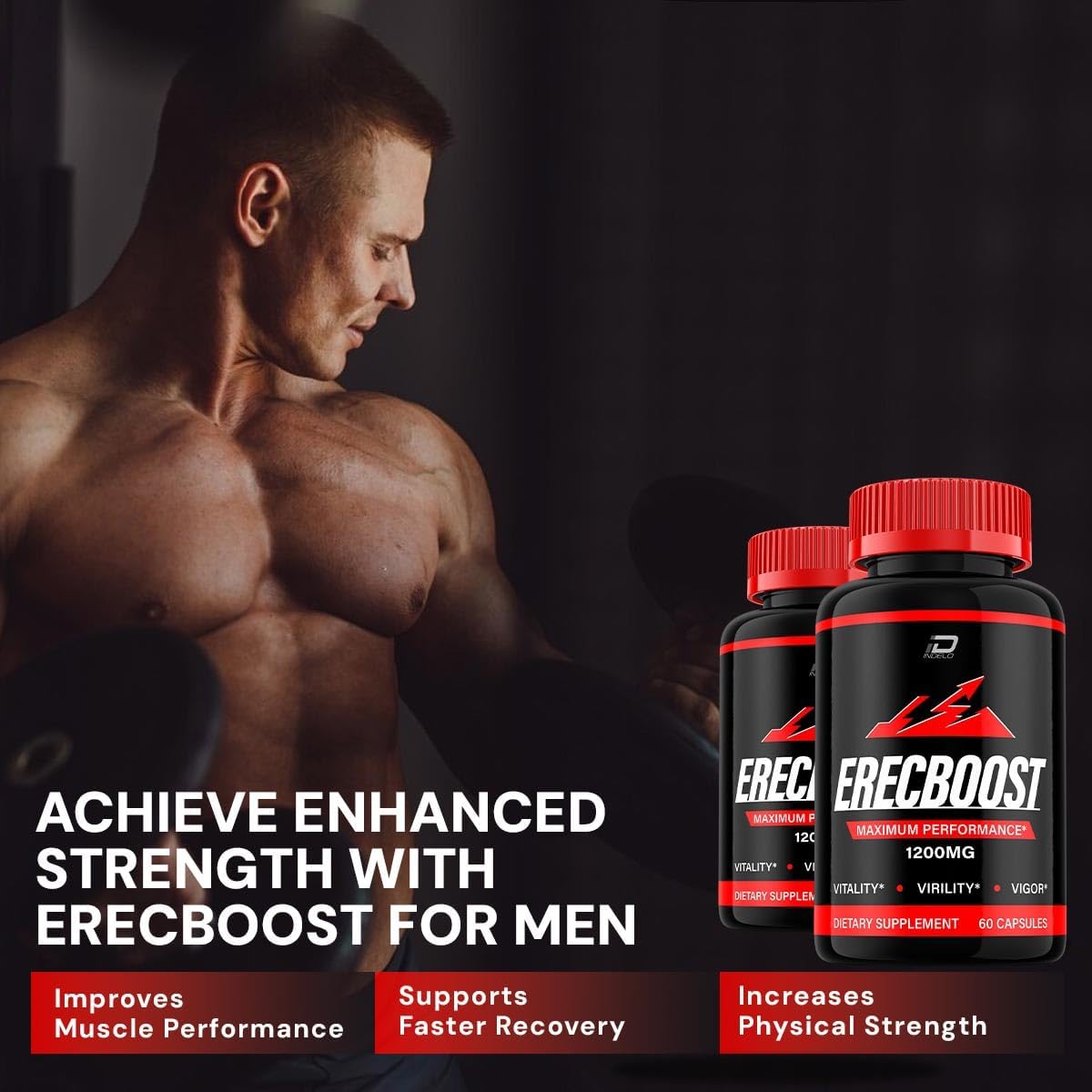 3 Pack of Indelo Erecboost Men's Capsules - Official Vitamin Complex Pills for Natural Erectile Support Formula with Dietary Supplement
