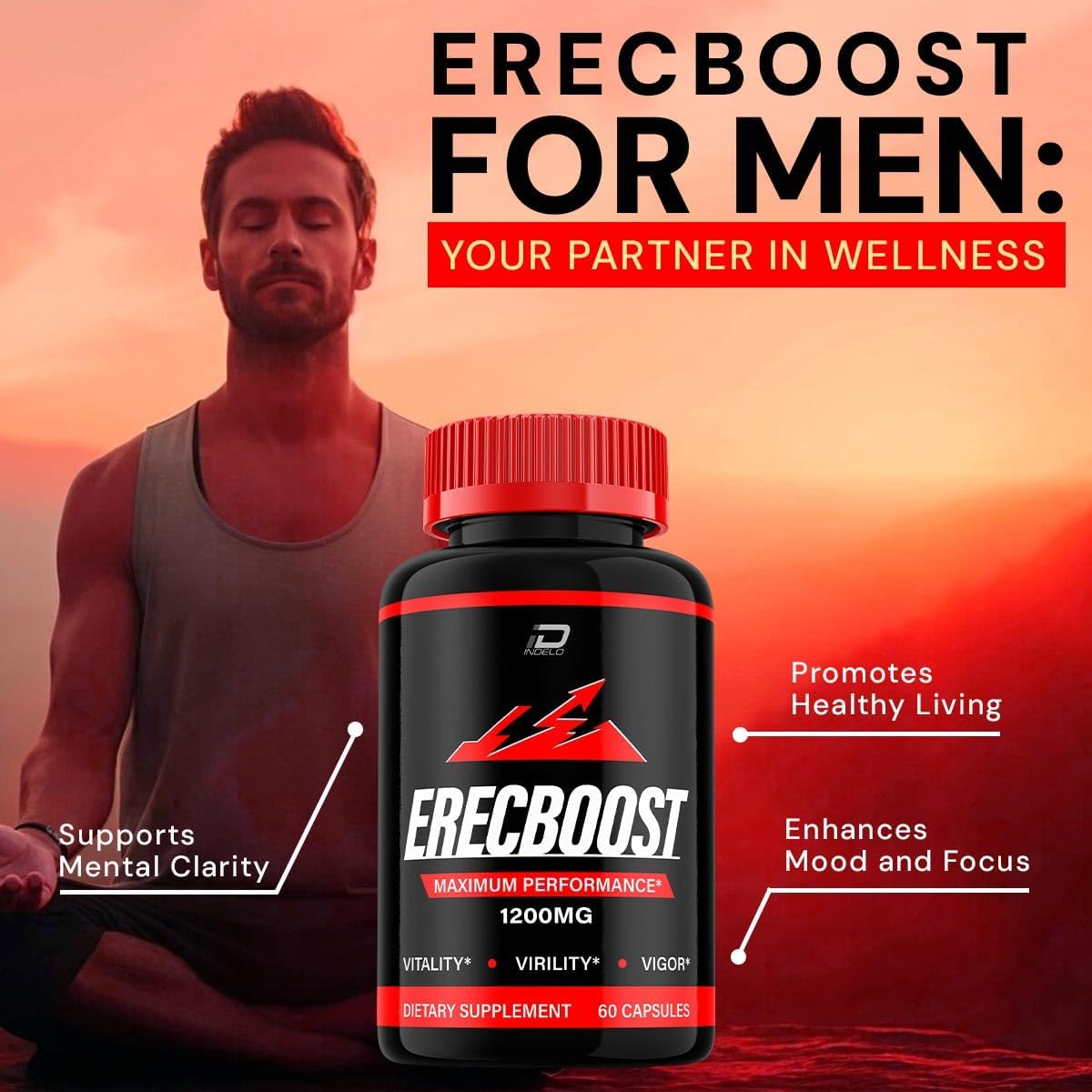 3 Pack of Indelo Erecboost Men's Capsules - Official Vitamin Complex Pills for Natural Erectile Support Formula with Dietary Supplement