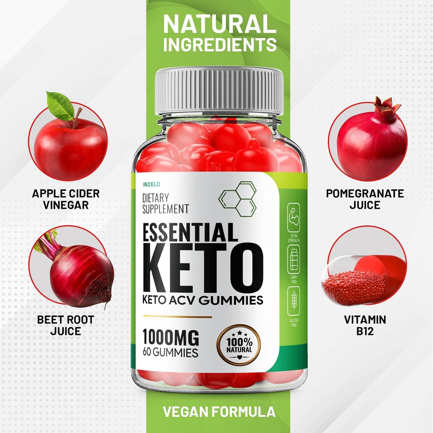 3 Pack of Indelo Essential Keto ACV Gummies - Advanced Formula for Weight Management with Apple Cider Vinegar, B12, B6 - 180 Gummies