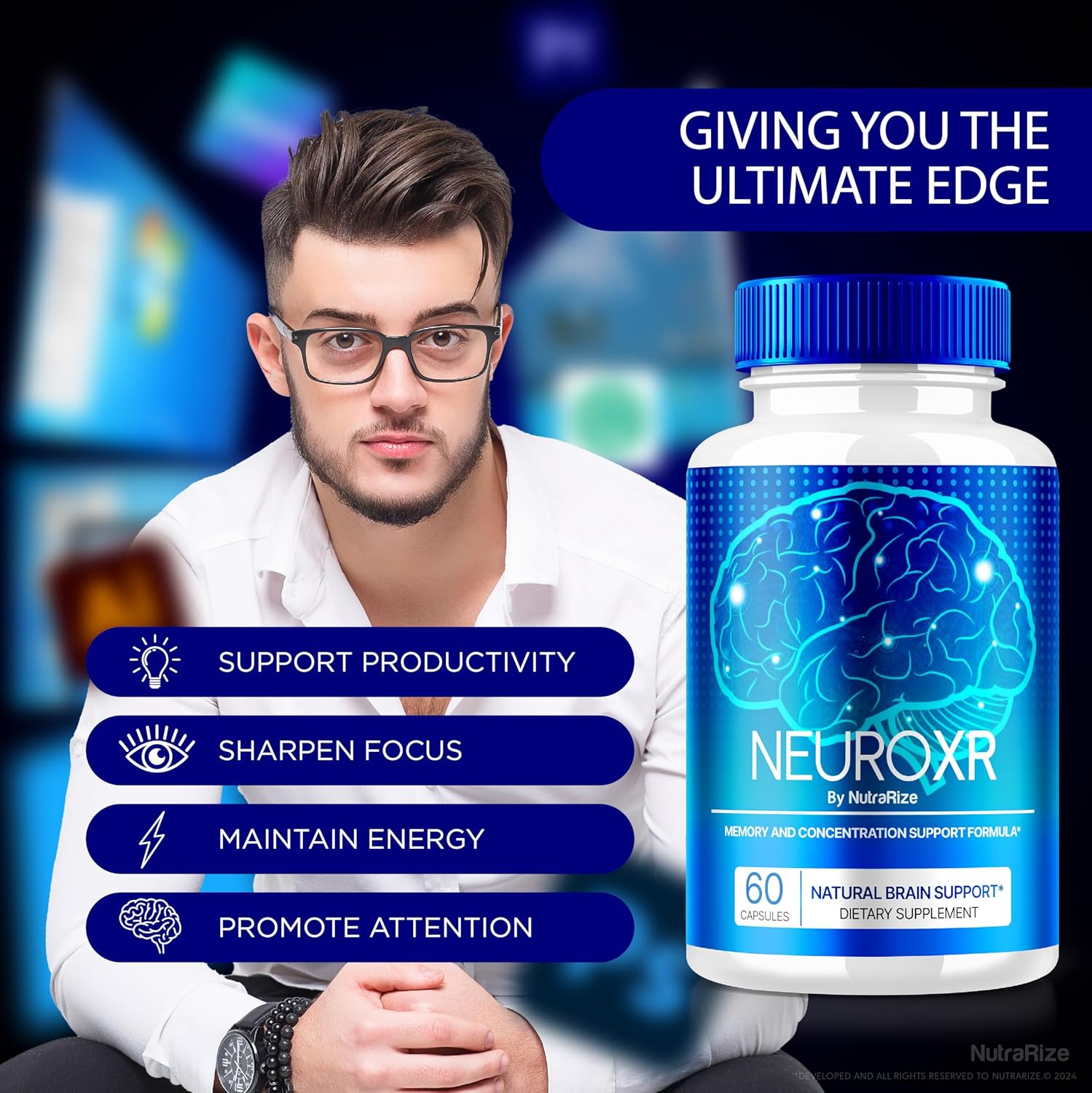 3 Pack of NutraRize NeuroXR Capsules - Premium Cognitive Health Supplement with All Natural Formula for Memory and Focus - 180 Capsules