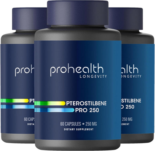 3 Pack ProHealth Pterostilbene Supplements - 250mg, 60 Capsules per Bottle - Antioxidant for Heart & Brain Health - Activates Longevity Genes - Third-Party Tested