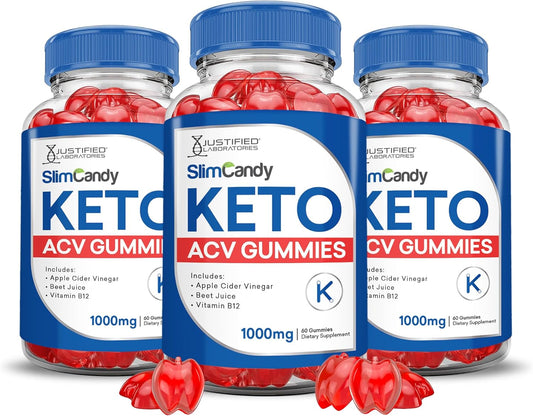 3 Pack SlimCandy Keto ACV Gummies 1000MG - Apple Cider Vinegar with Pomegranate & Beet Juice - Vegan Non GMO - 180 Gummys