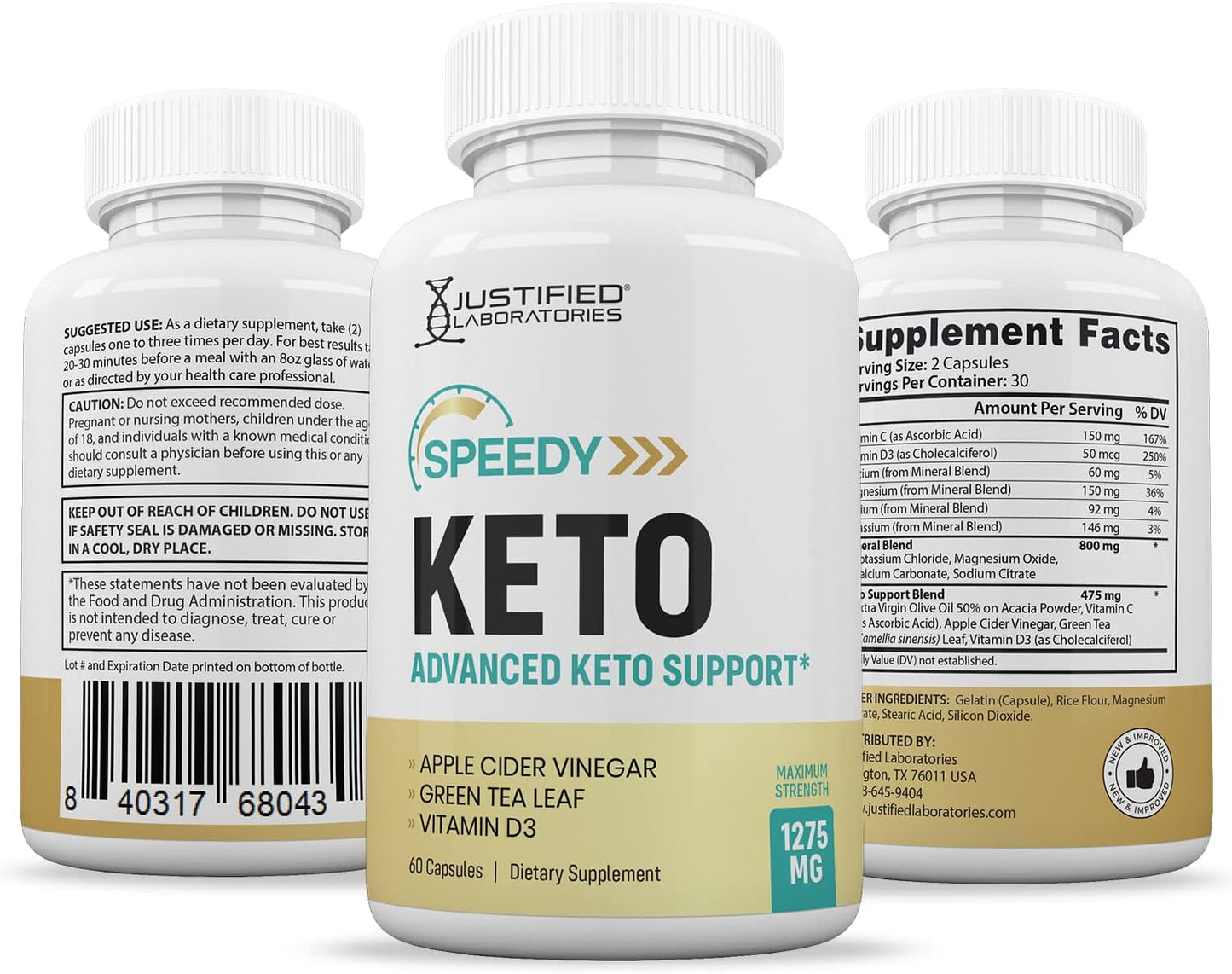 3 Pack Speedy Keto ACV Pills 1275MG Apple Cider Vinegar Blend 180 Capsules - Keto Support Formula by Justified Labs