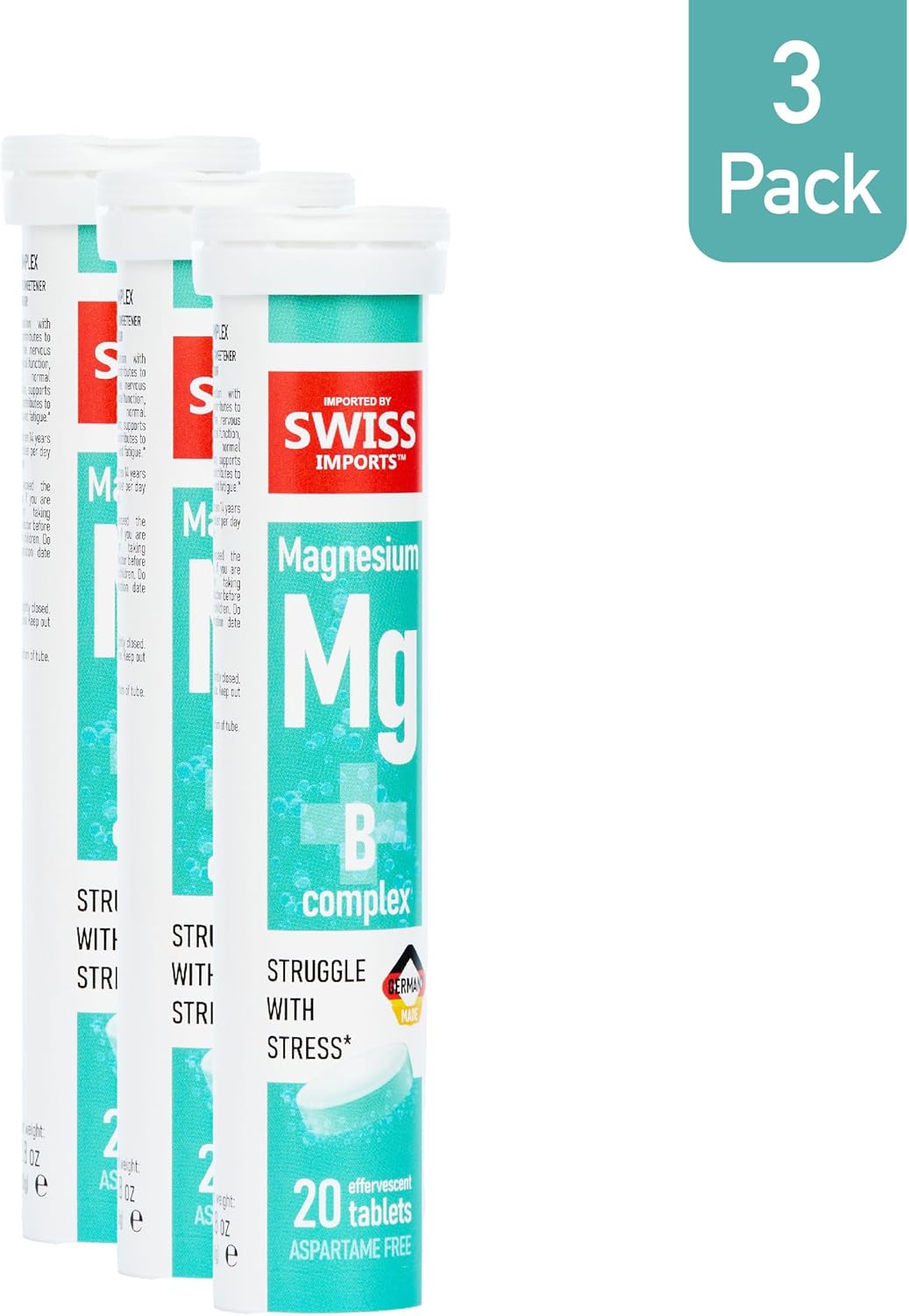3-Pack Swiss Imports Effervescent Magnesium + B Complex Dietary Supplement with 60 Tablets