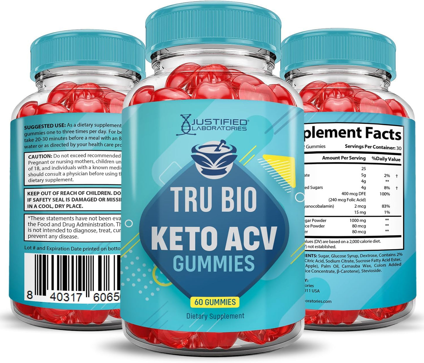 3-Pack Tru Bio Keto ACV Gummies (1000MG) with Pomegranate & Beet Juice Powder - Vegan & Non GMO - 180 Gummies