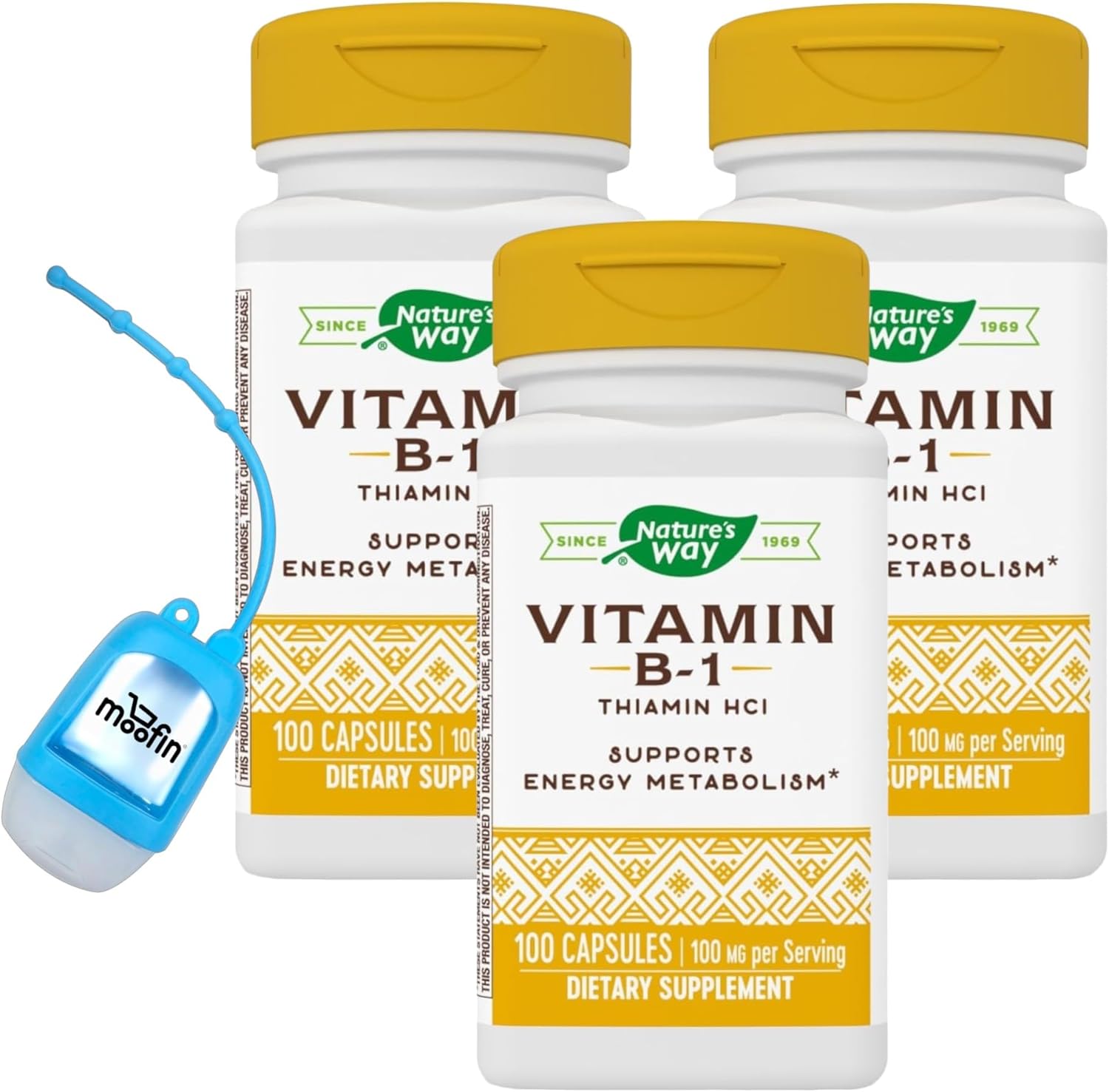 3 Packs of moofin Vitamin B1 Thiamine 100mg Capsules for Energy Metabolism Support with Bonus Hand Sanitizer Dispenser