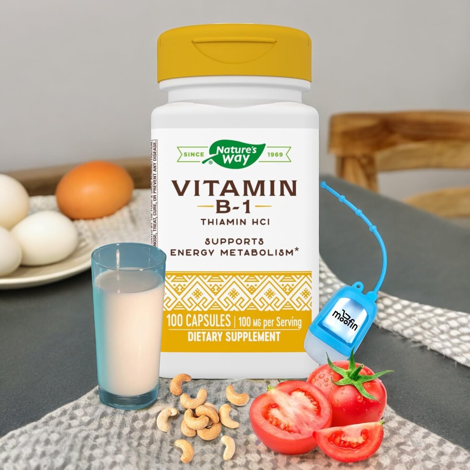 3 Packs of moofin Vitamin B1 Thiamine 100mg Capsules for Energy Metabolism Support with Bonus Hand Sanitizer Dispenser