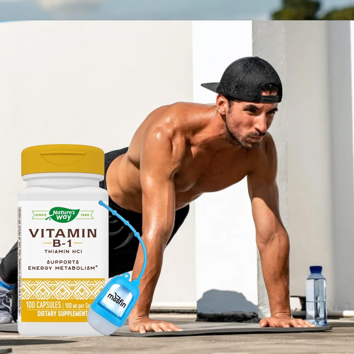 3 Packs of moofin Vitamin B1 Thiamine 100mg Capsules for Energy Metabolism Support with Bonus Hand Sanitizer Dispenser