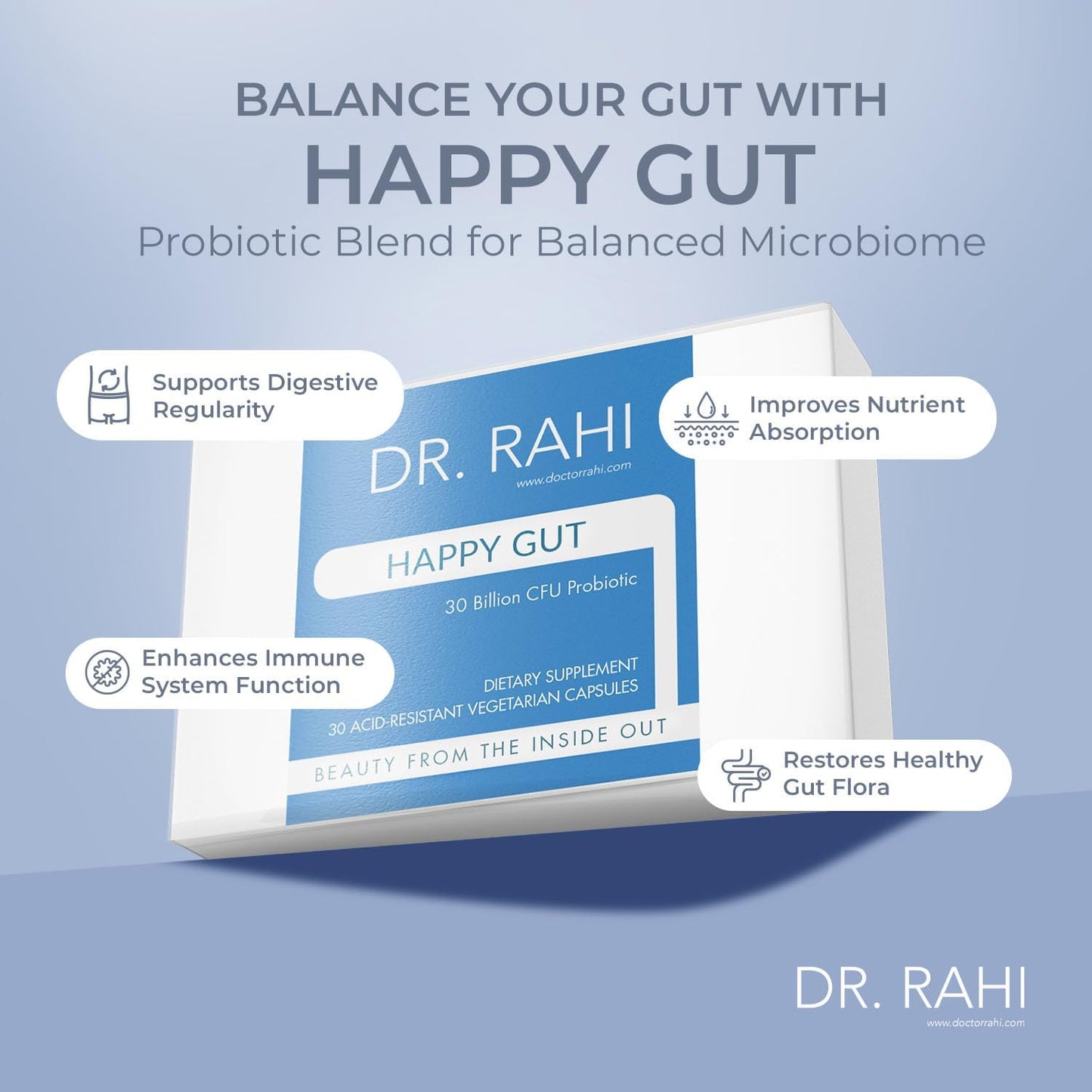 30 Billion CFU Probiotic Gut Support Supplement for Digestive Health - Dr. Rahi Probiotics Daily DF, 30 Acid Resistant Capsules, Gut Health for Men/Women, Promotes Gut Motility - Happy Gut