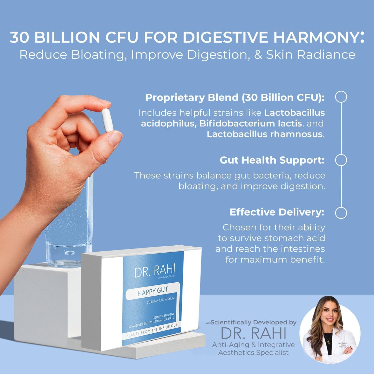 30 Billion CFU Probiotic Gut Support Supplement for Digestive Health - Dr. Rahi Probiotics Daily DF, 30 Acid Resistant Capsules, Gut Health for Men/Women, Promotes Gut Motility - Happy Gut