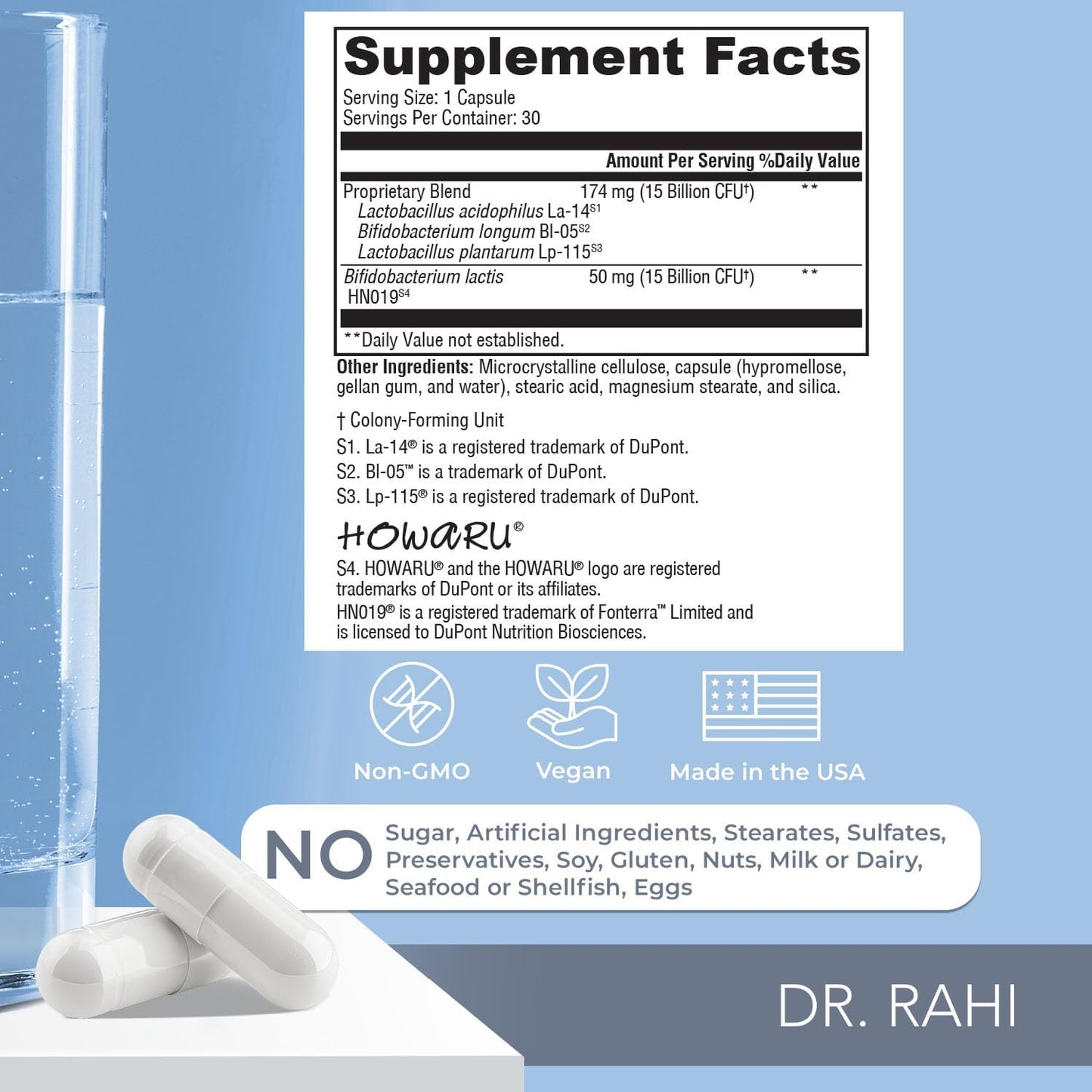 30 Billion CFU Probiotic Gut Support Supplement for Digestive Health - Dr. Rahi Probiotics Daily DF, 30 Acid Resistant Capsules, Gut Health for Men/Women, Promotes Gut Motility - Happy Gut