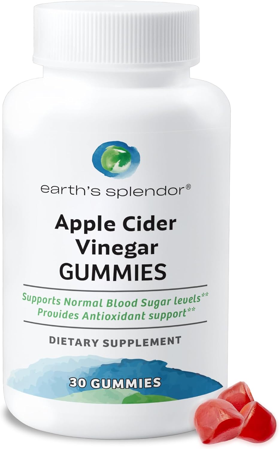30 Count Earth's Splendor Apple Cider Vinegar Gummies for Digestive Health, Detox & Natural Energy - Vegan, Non-GMO, Gluten-Free - Fruity Flavor