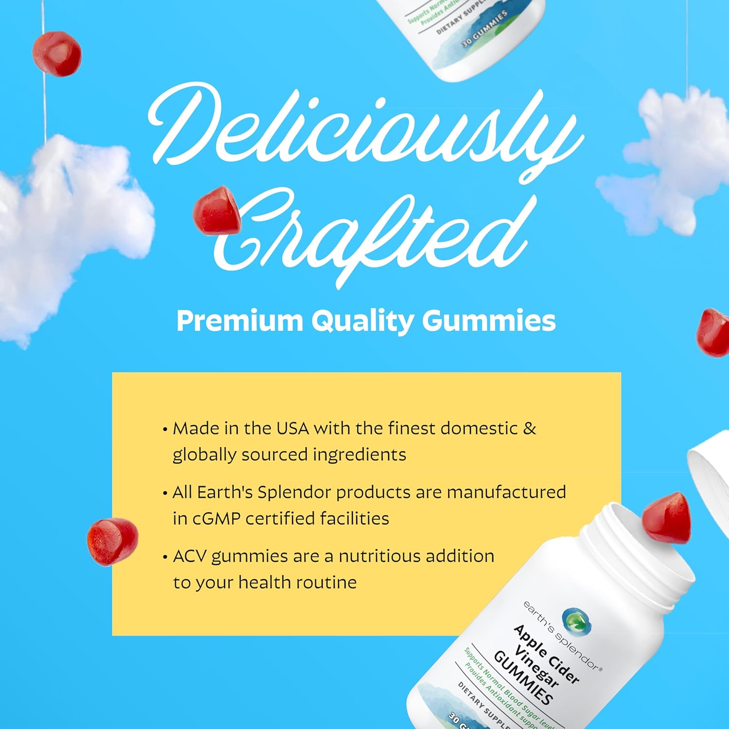 30 Count Earth's Splendor Apple Cider Vinegar Gummies for Digestive Health, Detox & Natural Energy - Vegan, Non-GMO, Gluten-Free - Fruity Flavor