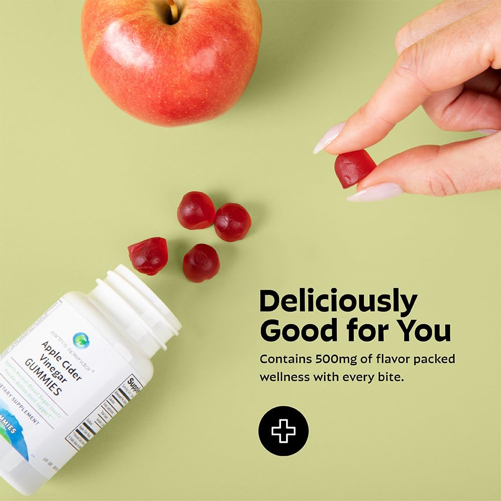 30 Count Earth's Splendor Apple Cider Vinegar Gummies for Digestive Health, Detox & Natural Energy - Vegan, Non-GMO, Gluten-Free - Fruity Flavor