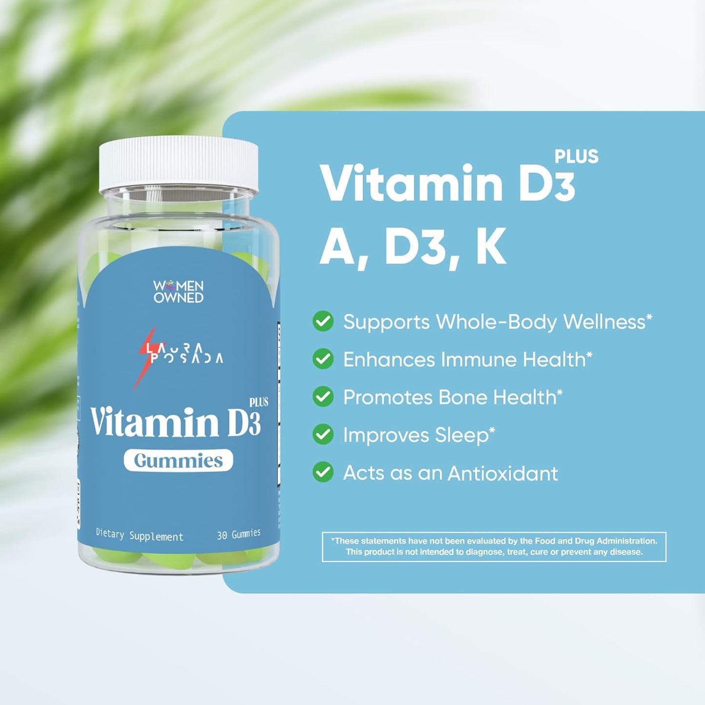30 Count Laura Posada Vitamin D3 Plus Gummies for Calcium Absorption, Menopause & Immune Support, Bone & Heart Health - Non-GMO, Gluten Free, 100% Natural USA Made