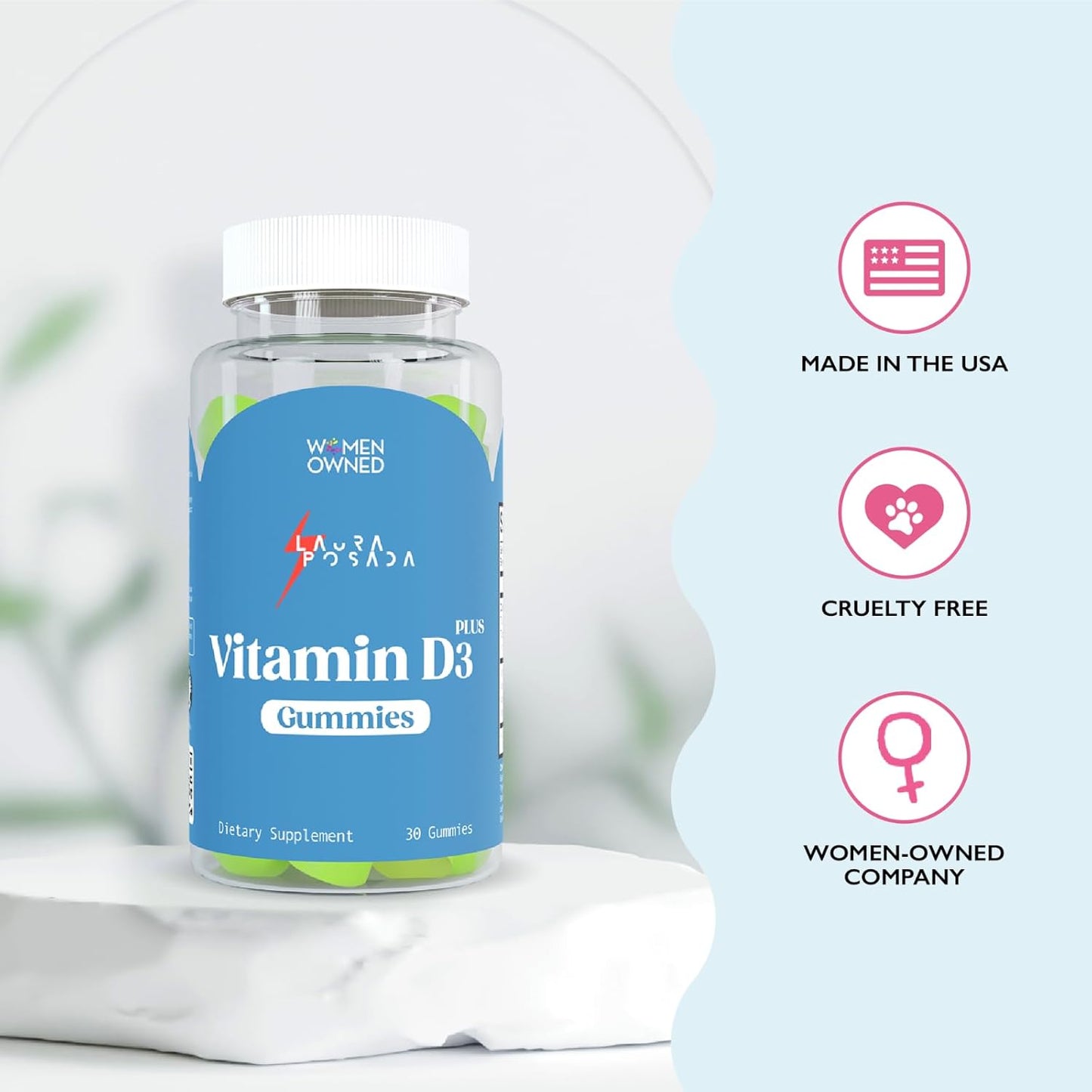 30 Count Laura Posada Vitamin D3 Plus Gummies for Calcium Absorption, Menopause & Immune Support, Bone & Heart Health - Non-GMO, Gluten Free, 100% Natural USA Made