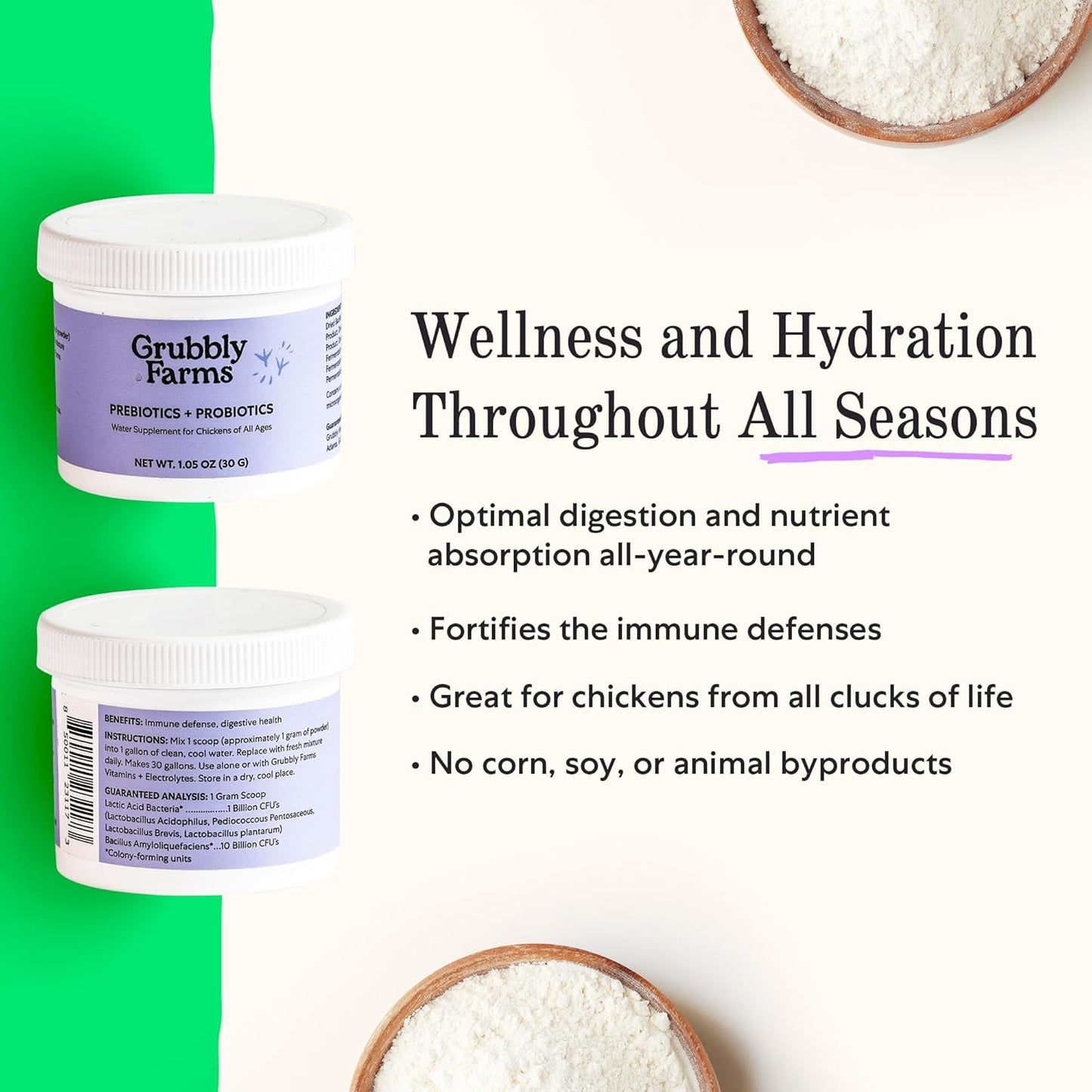 30-Day Supply of Grubbly Farms Prebiotics and Probiotics for Chickens