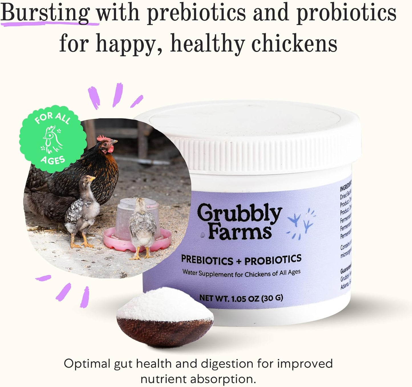 30-Day Supply of Grubbly Farms Prebiotics and Probiotics for Chickens