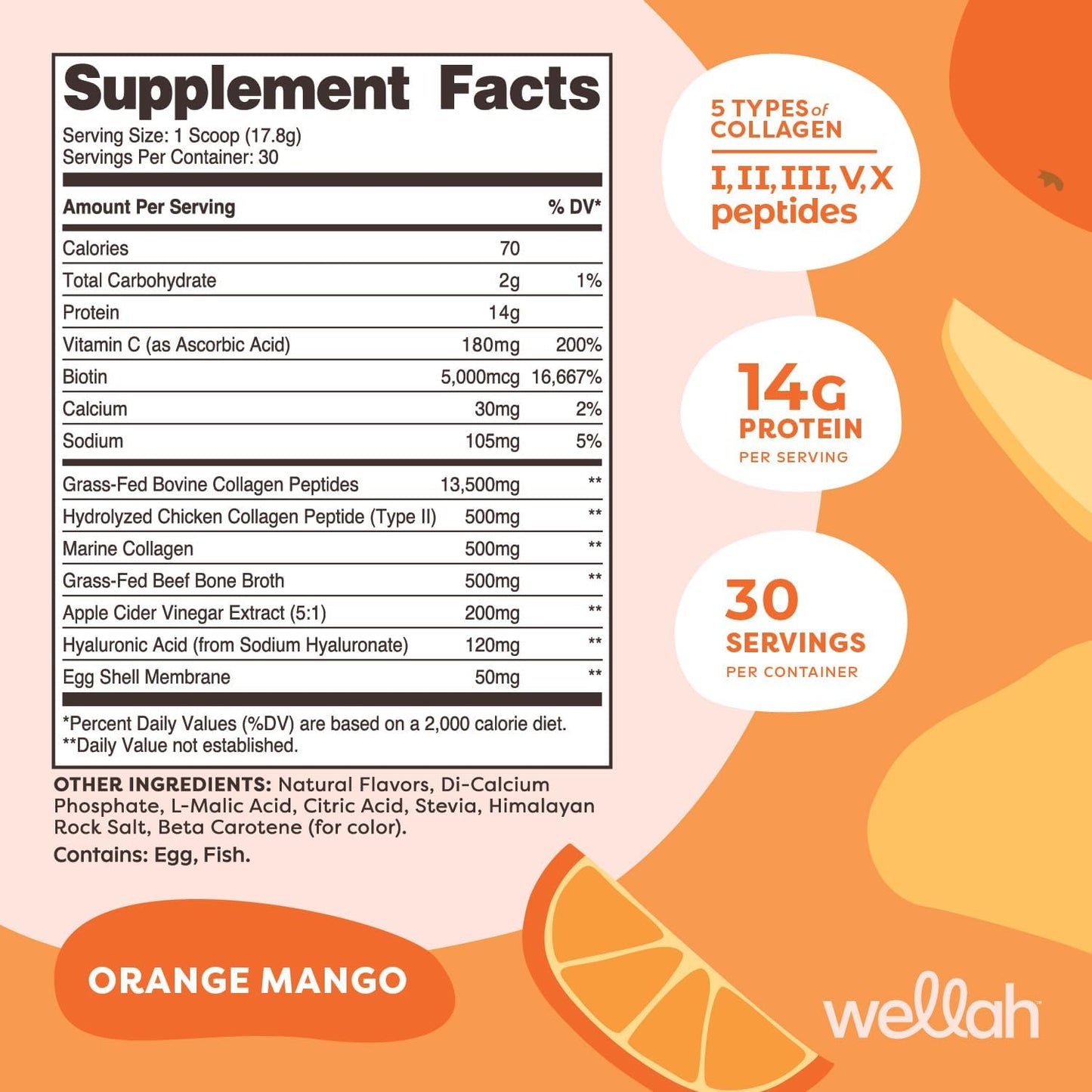 30 Servings Wellah Afterglow Multi Collagen Protein + Beauty Orange Mango - Hair, Skin, Nail & Joint Support - Non-GMO, Gluten Free